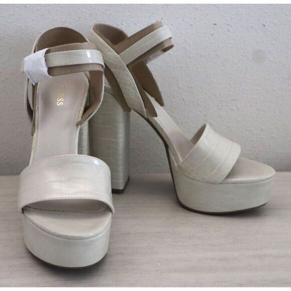 GUESS Women's Sz 10M Ivory Gabeli Croc-Embossed Platform 5" Heeled Sandals - Picture 2 of 13